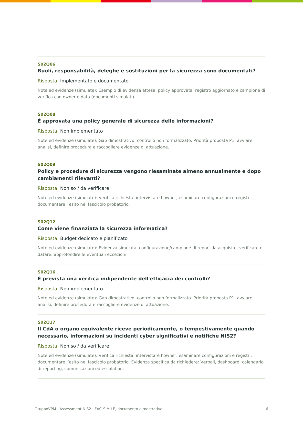 Pagina del report con domande su governance e organi direttivi
